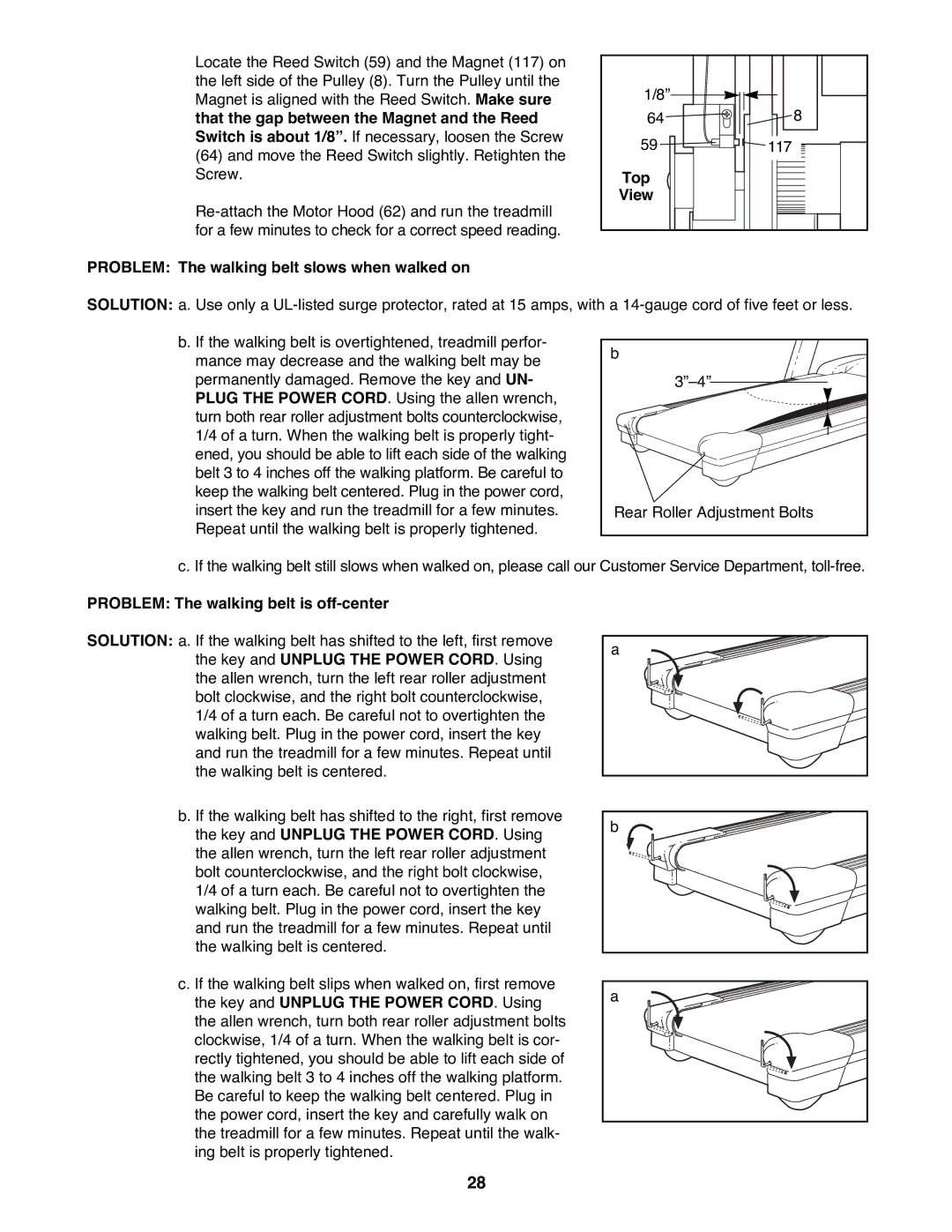 Reebok Fitness RBTL15990 manual Top, Problem The walking belt slows when walked on, Problem The walking belt is off-center 