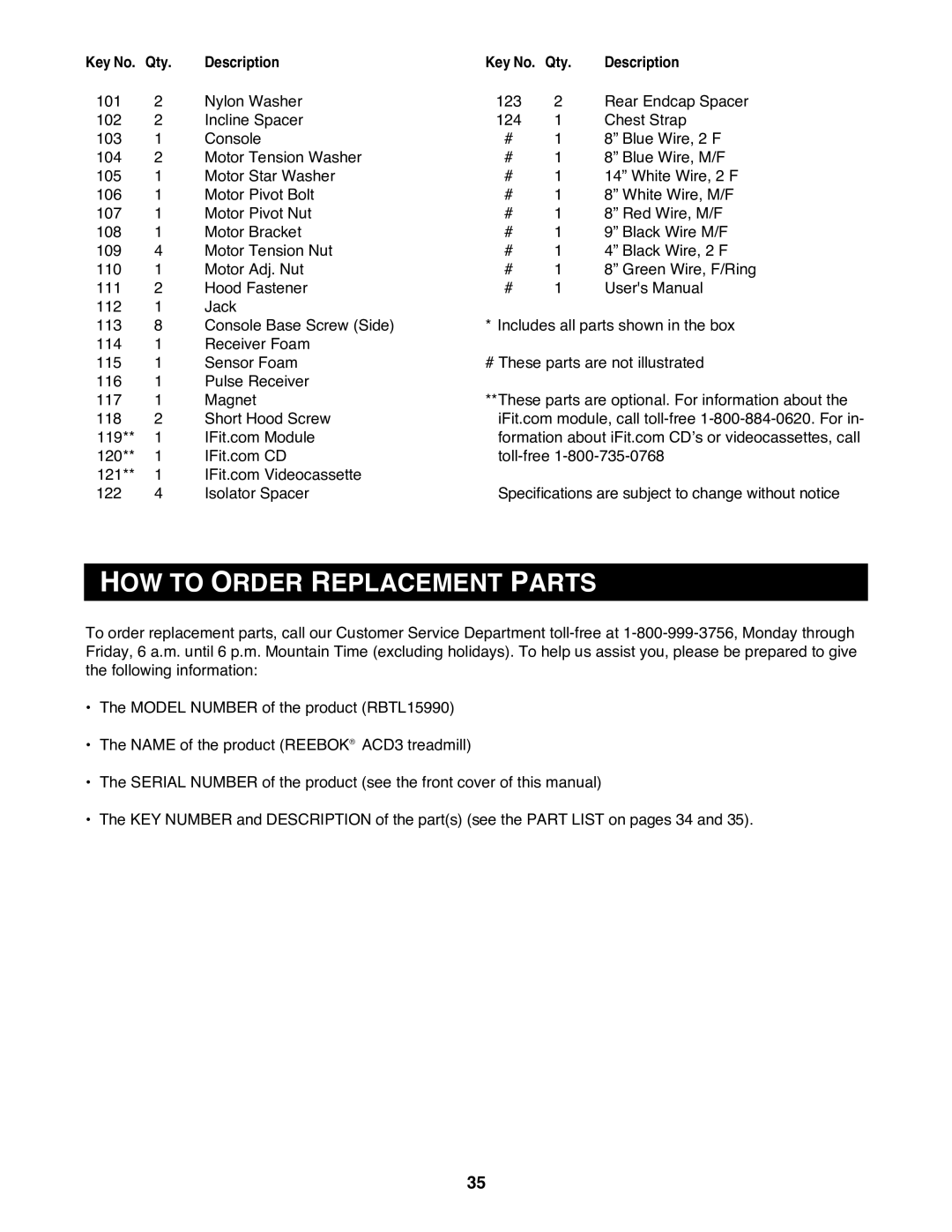 Reebok Fitness RBTL15990 manual HOW to Order Replacement Parts 