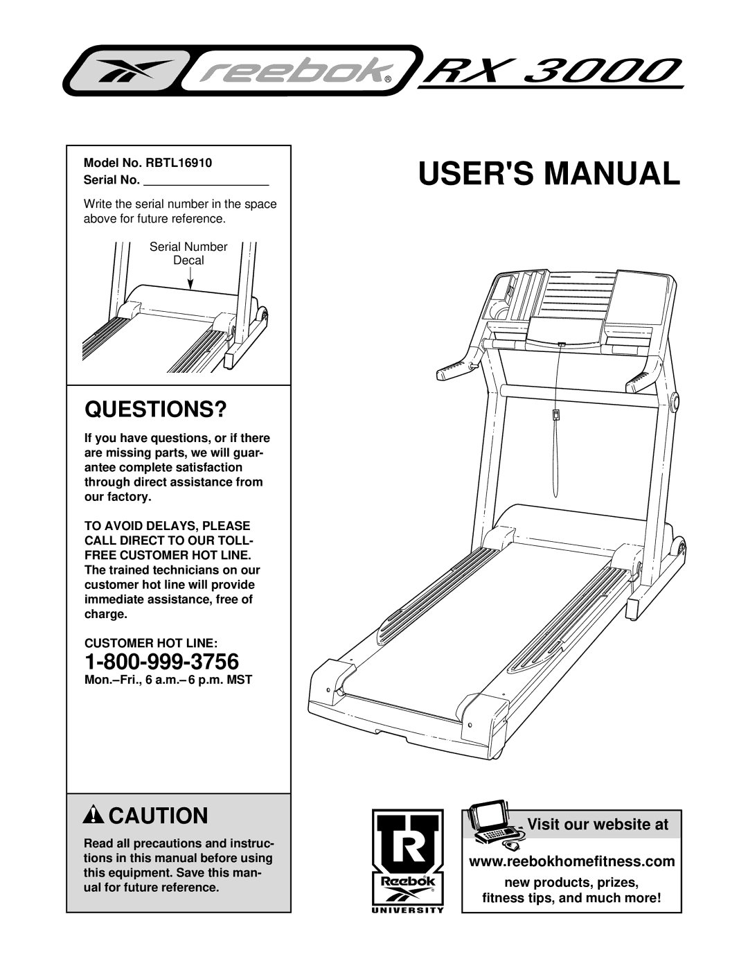 Reebok Fitness manual Model No. RBTL16910 Serial No, Customer HOT Line 