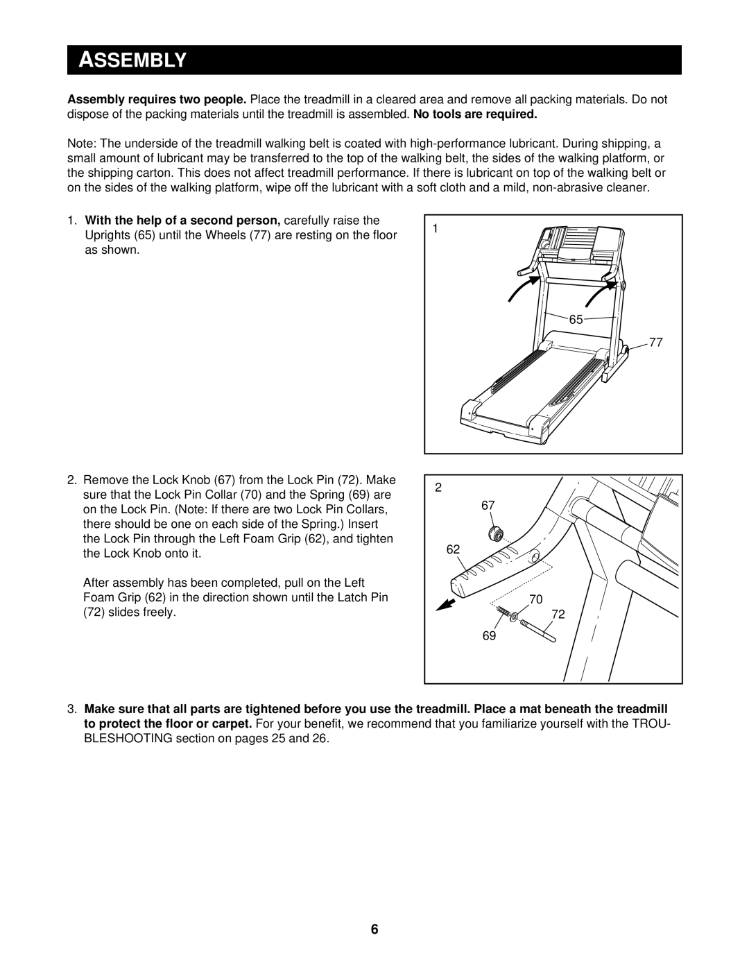 Reebok Fitness RBTL16910 manual Assembly 