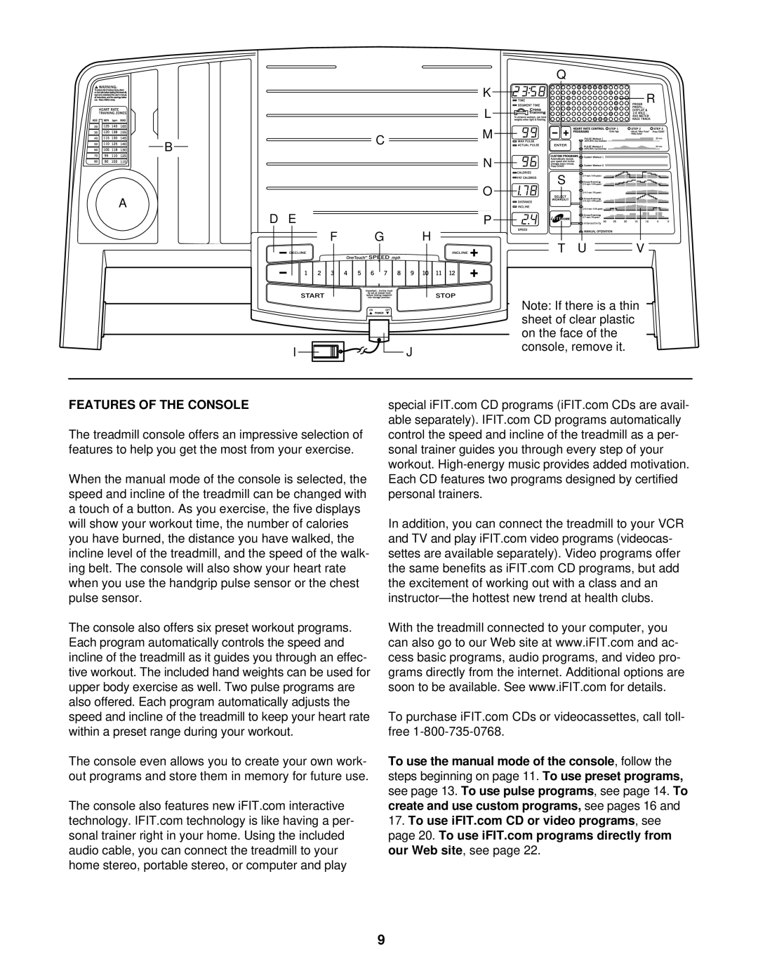 Reebok Fitness RBTL16910 manual Features of the Console 