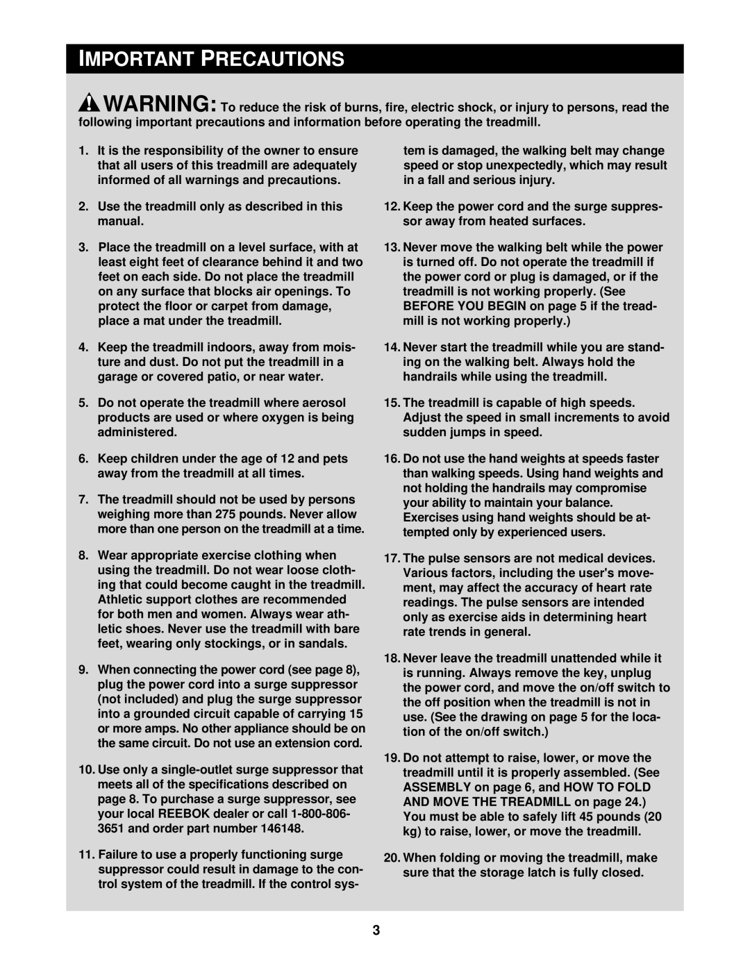 Reebok Fitness RBTL16911 manual Important Precautions 