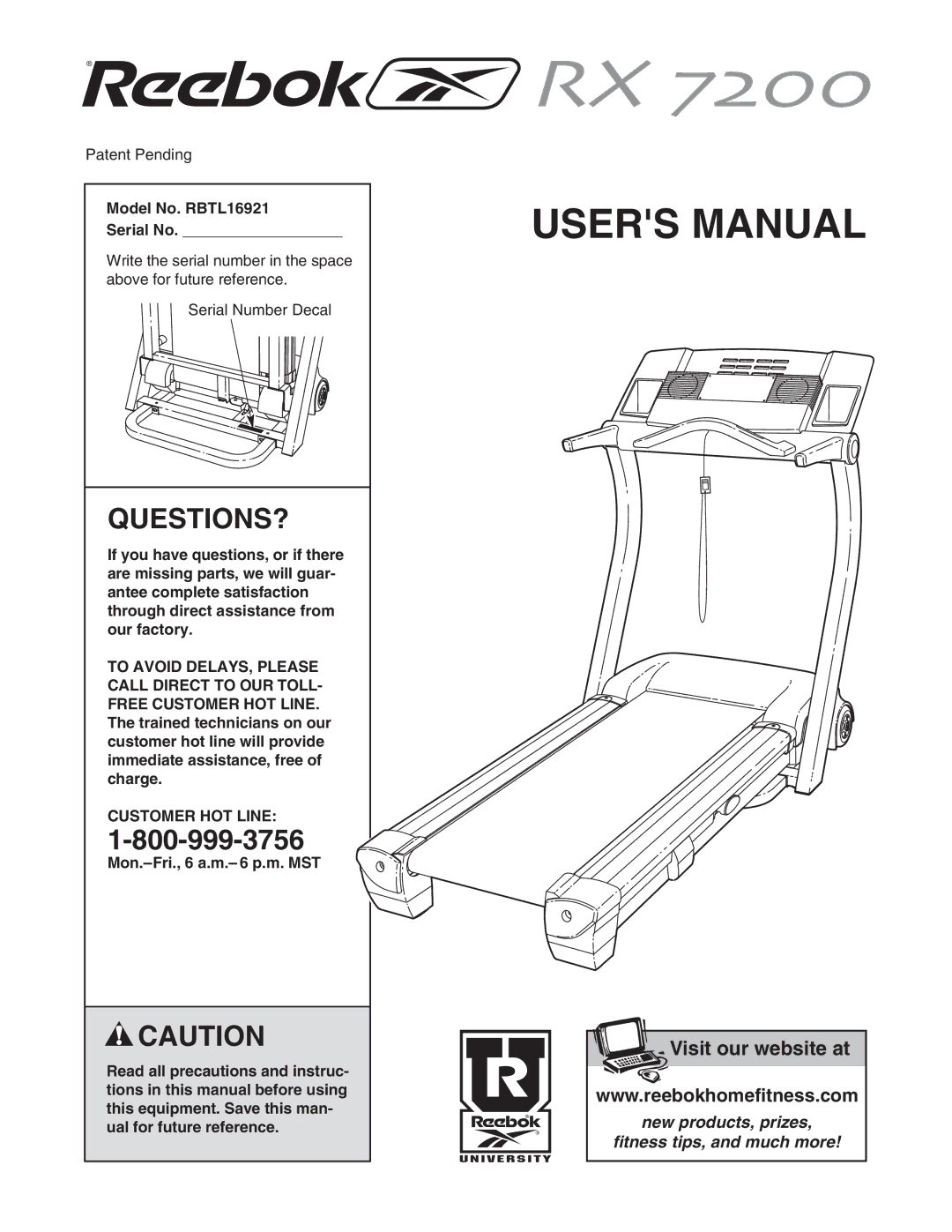 Reebok Fitness manual Questions?, Model No. RBTL16921 Serial No, Customer HOT Line 