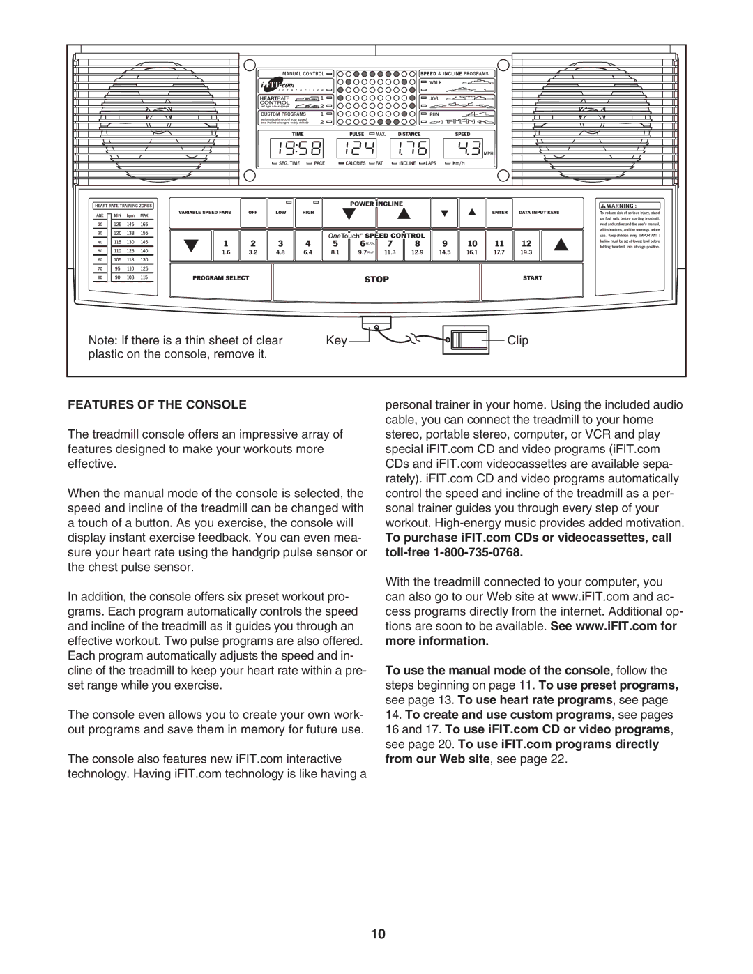 Reebok Fitness RBTL16921 manual Features of the Console 