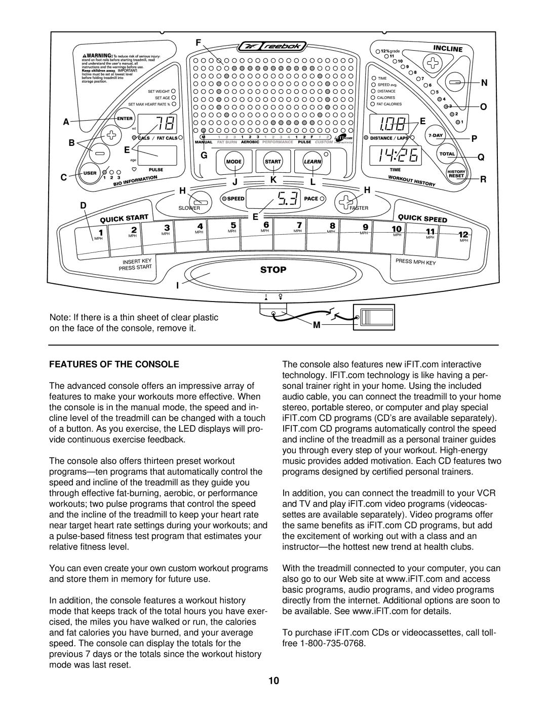 Reebok Fitness RBTL17910 manual On the face of the console, remove it, Features of the Console 