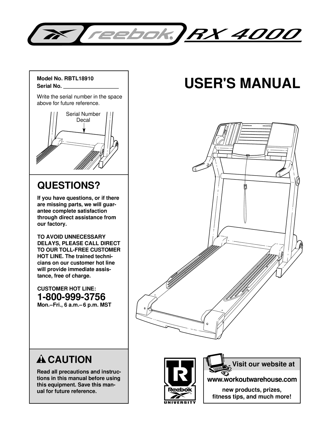 Reebok Fitness manual Model No. RBTL18910 Serial No, Customer HOT Line 