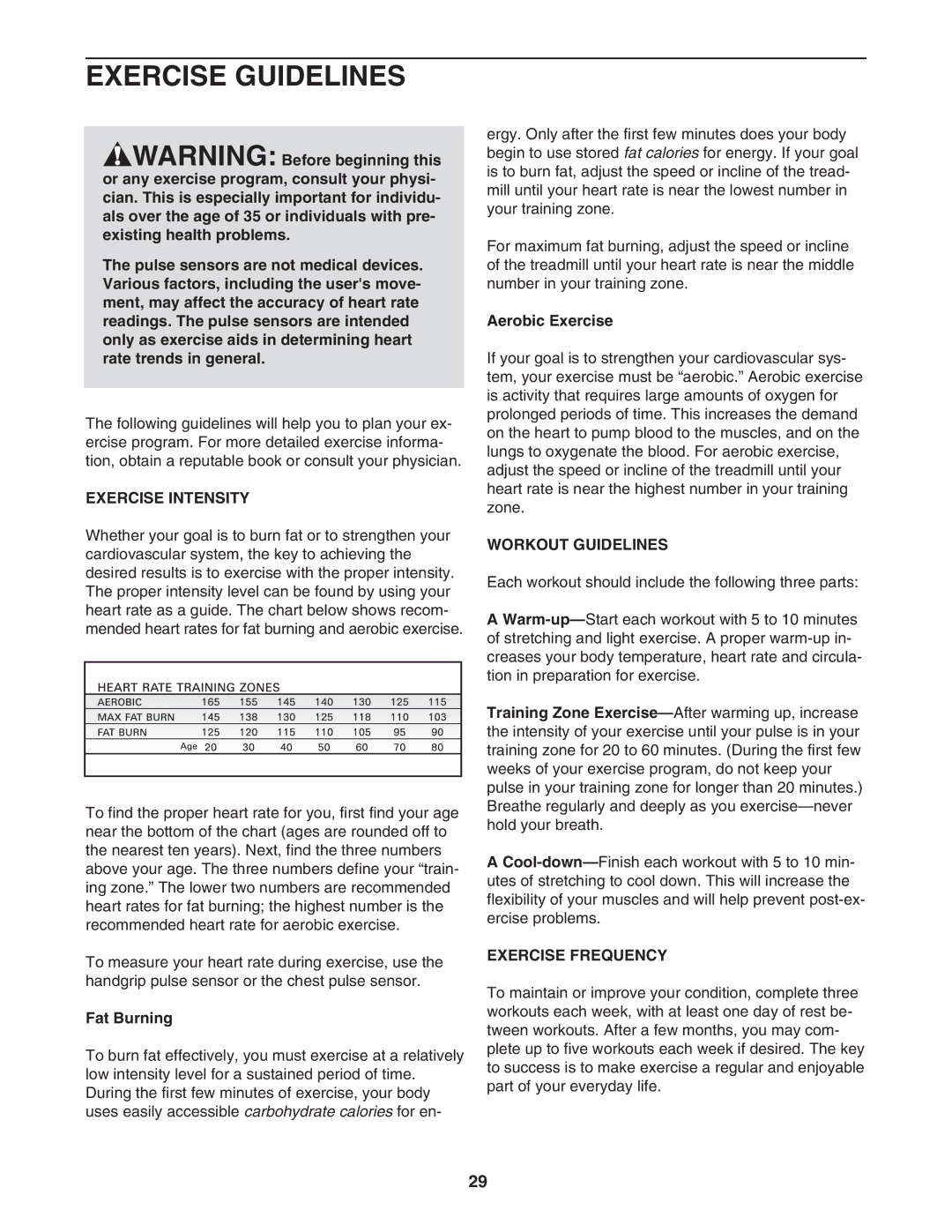 Reebok Fitness RBTL18921 manual Exercise Guidelines, Exercise Intensity, Workout Guidelines, Exercise Frequency 