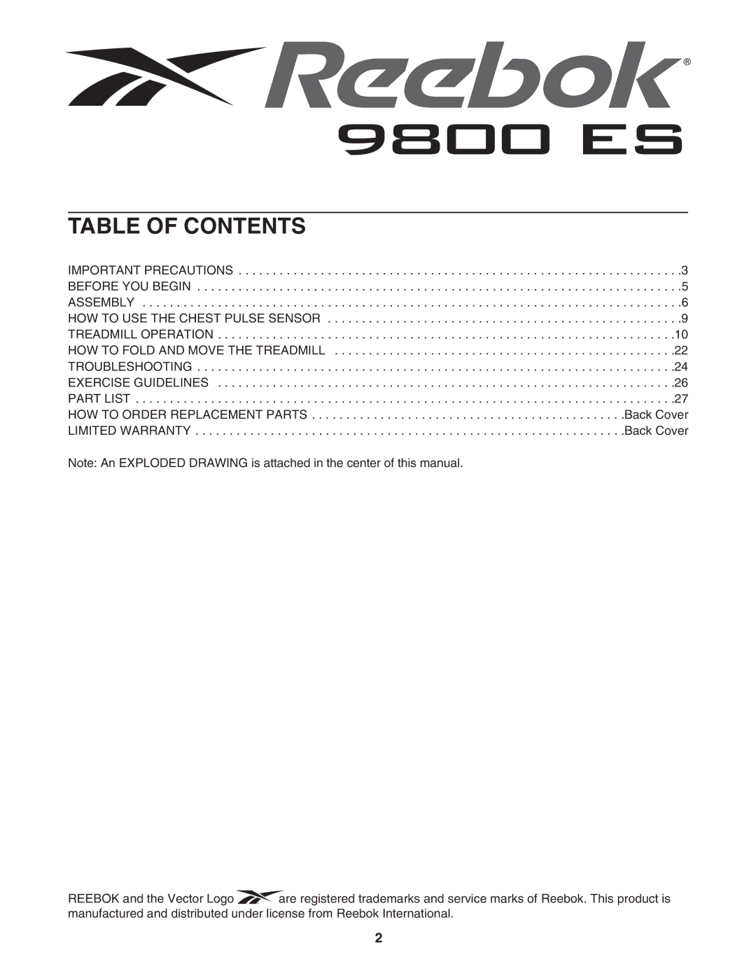 Reebok Fitness RBTL19605.0 manual Table of Contents 