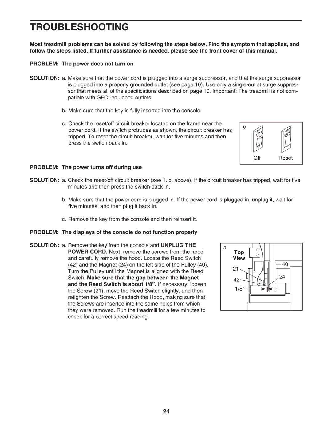 Reebok Fitness RBTL19605.0 manual Troubleshooting, Problem The power turns off during use, Top, View 