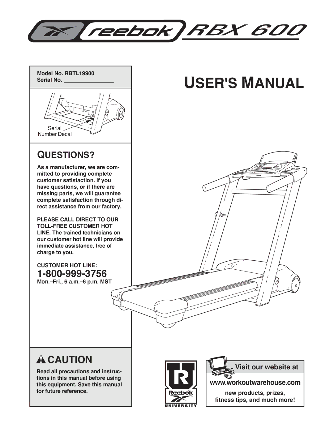 Reebok Fitness manual Model No. RBTL19900 Serial No, Customer HOT Line 