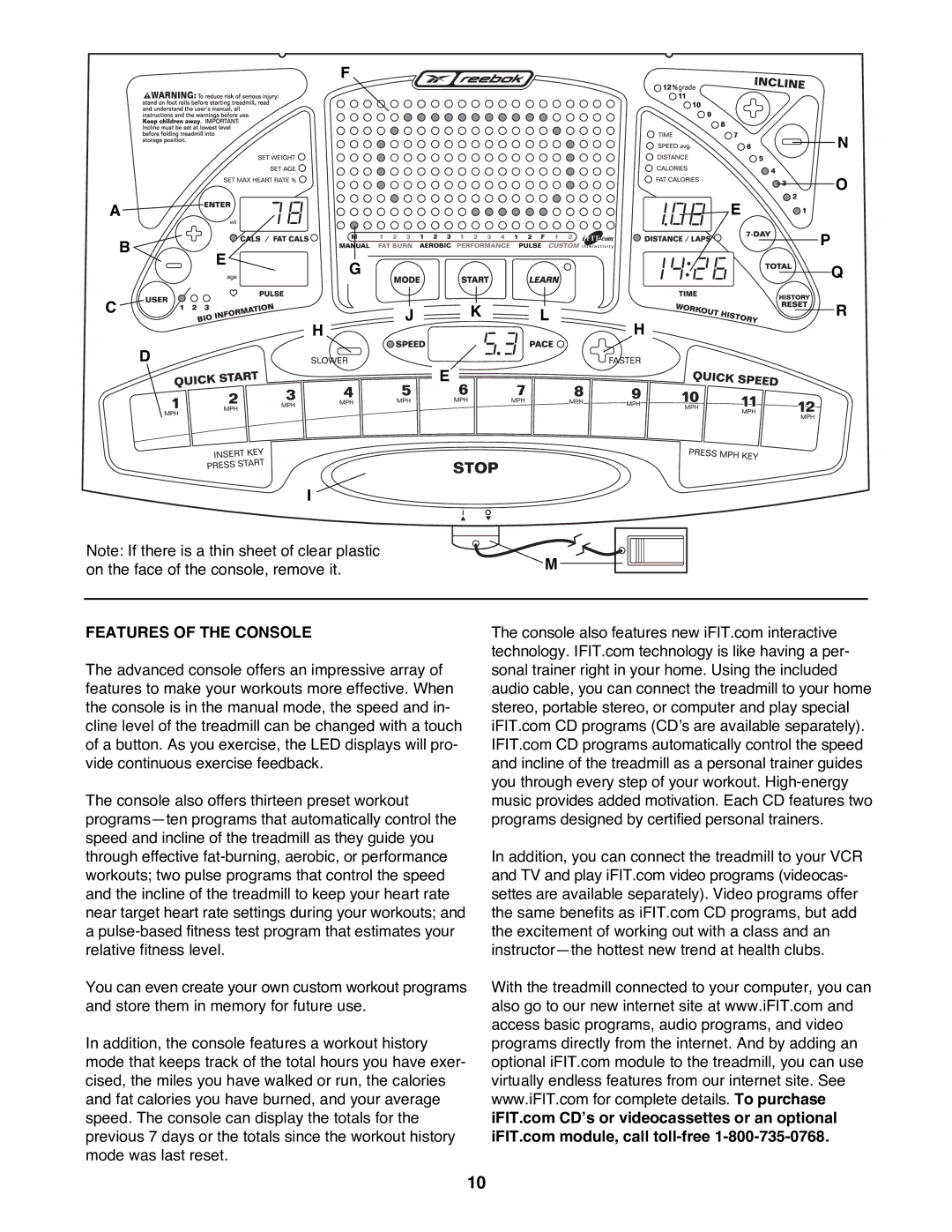 Reebok Fitness RBTL19900 manual Features of the Console 