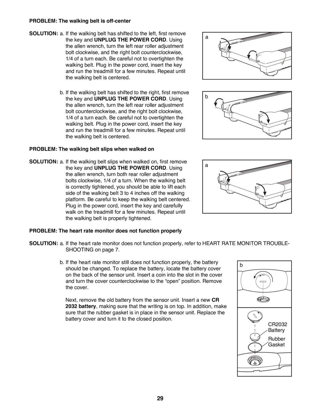 Reebok Fitness RBTL19900 manual Problem The walking belt is off-center, Problem The walking belt slips when walked on 