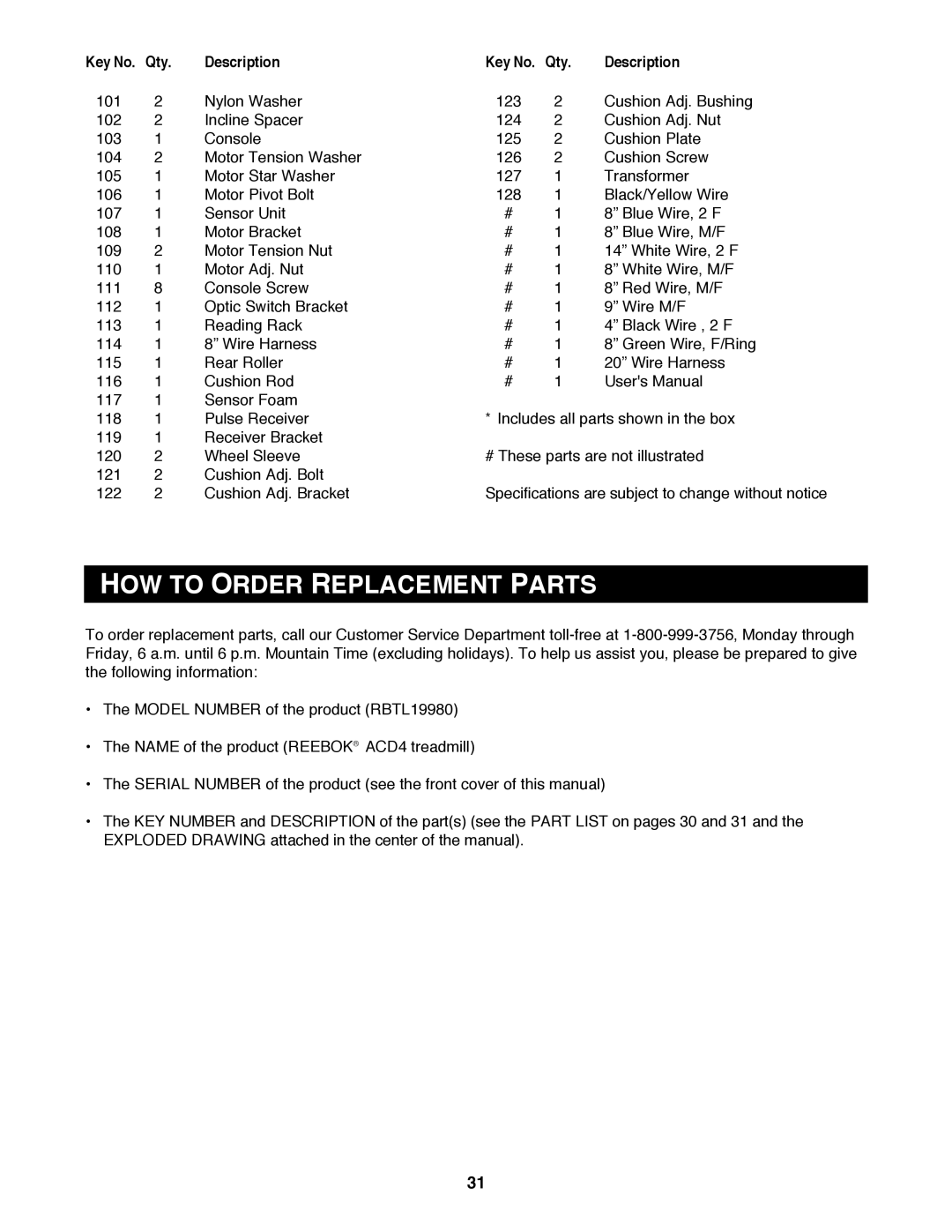 Reebok Fitness RBTL19980 manual HOW to Order Replacement Parts 