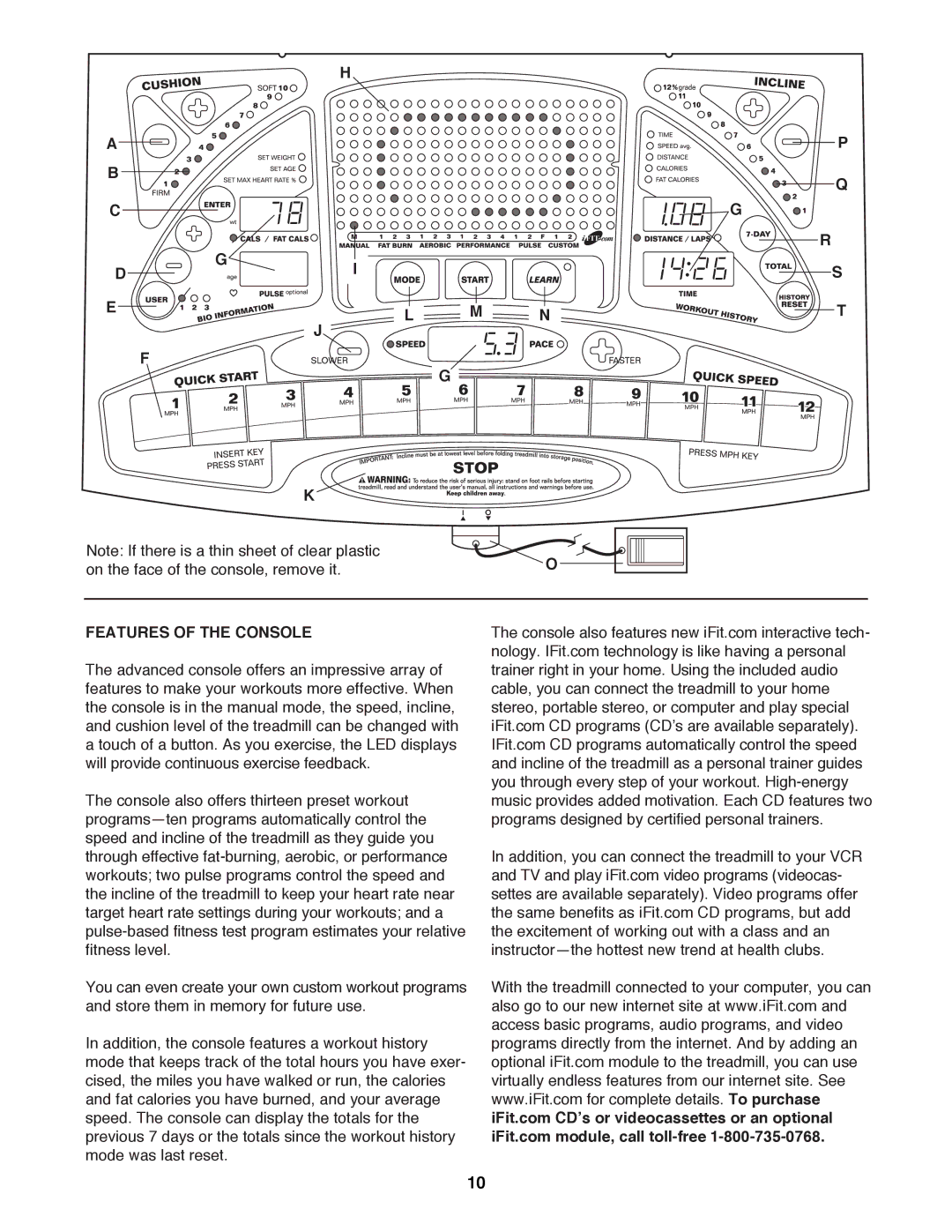 Reebok Fitness RBTL19990 manual M N T J On the face of the console, remove it, Features of the Console 