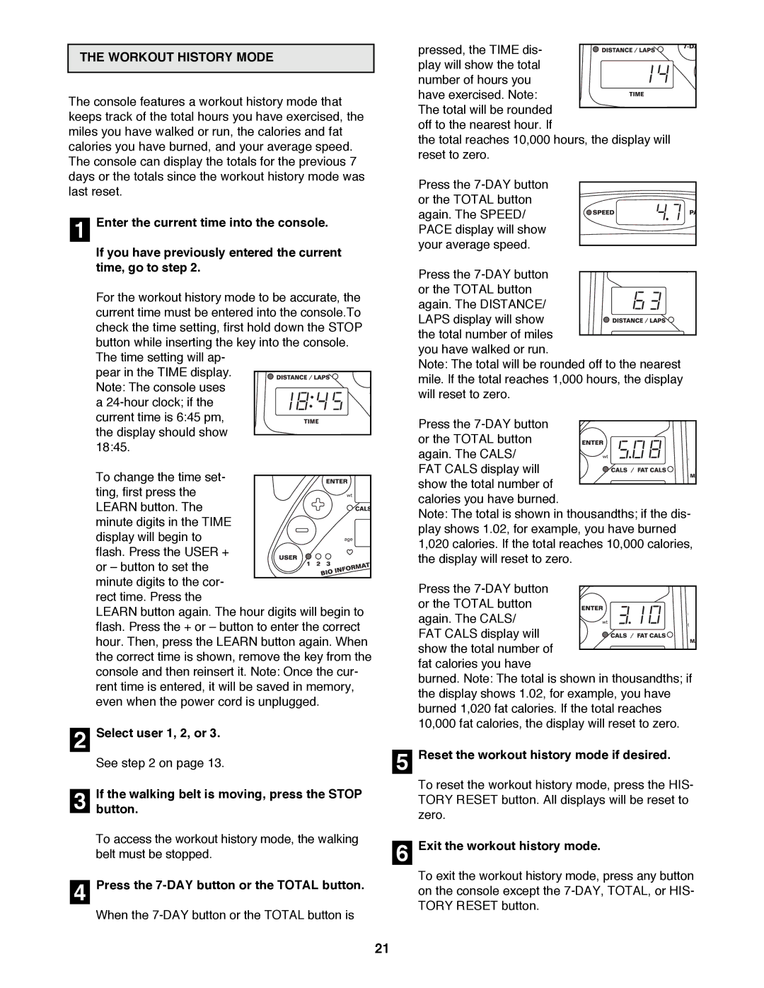 Reebok Fitness RBTL19990 manual Workout History Mode, Button, Press the 7-DAY button or the Total button 