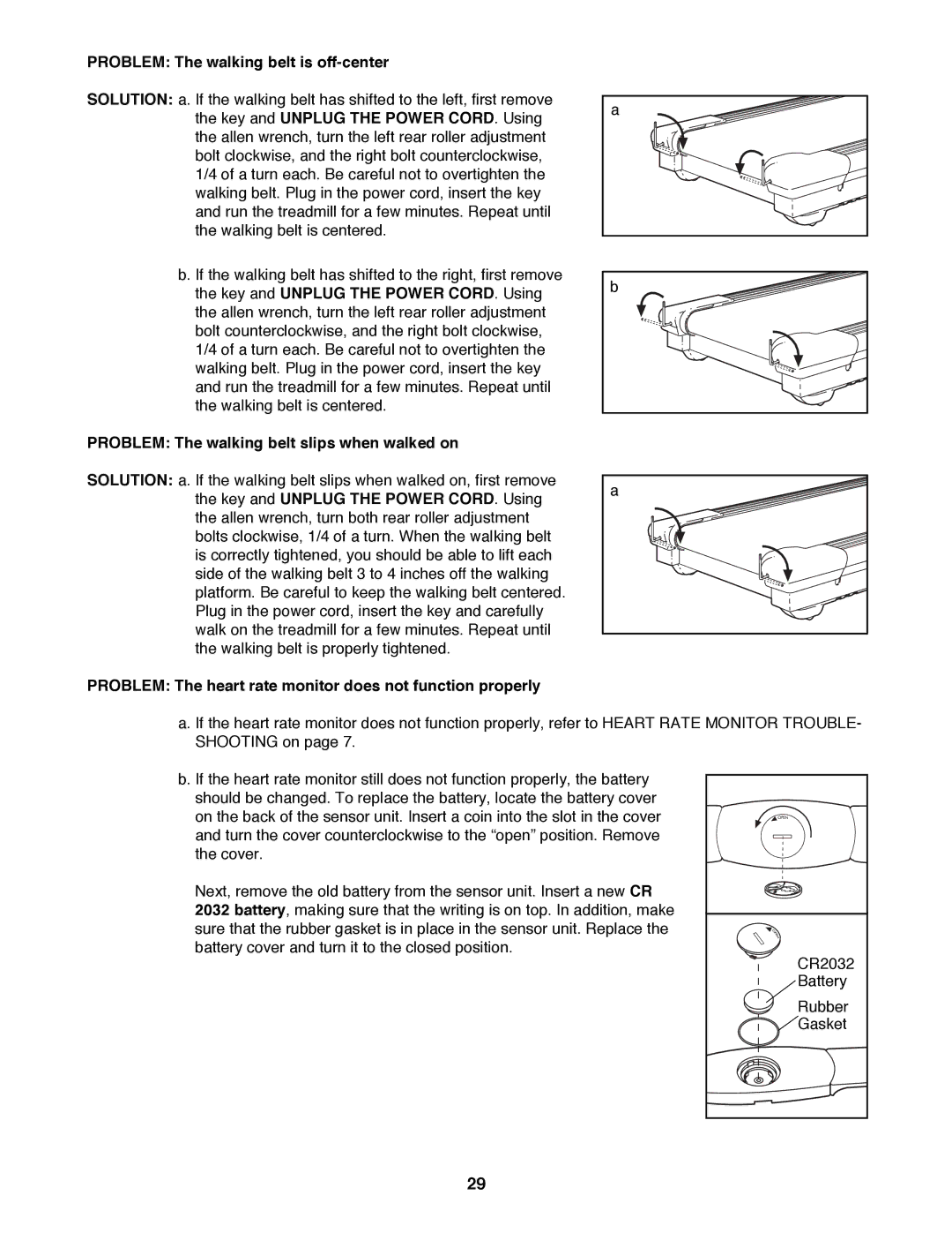 Reebok Fitness RBTL19990 manual Problem The walking belt is off-center, Problem The walking belt slips when walked on 