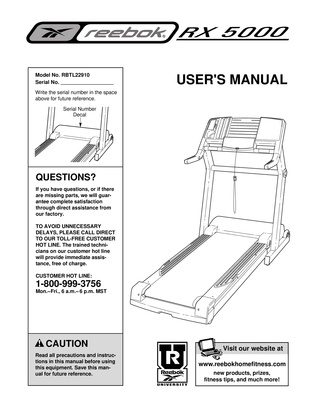 Reebok Fitness manual Model No. RBTL22910 Serial No, Customer HOT Line 