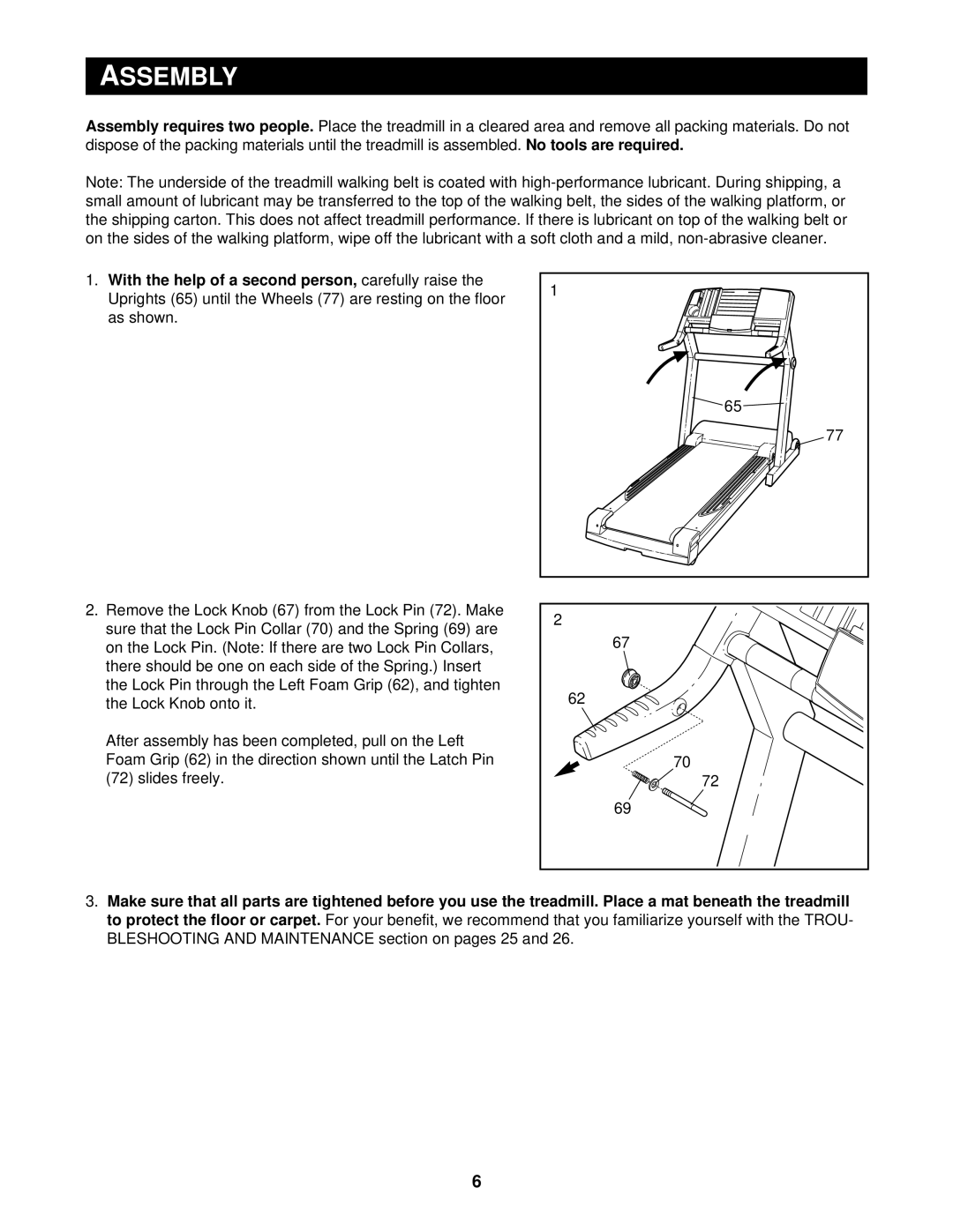 Reebok Fitness RBTL22910 manual Assembly 