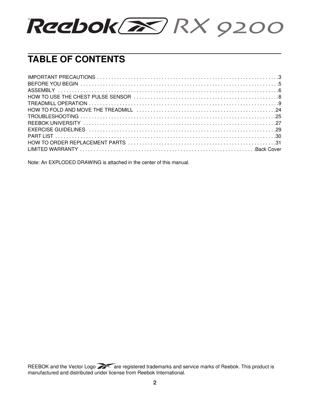 Reebok Fitness RBTL22920 manual Table of Contents 