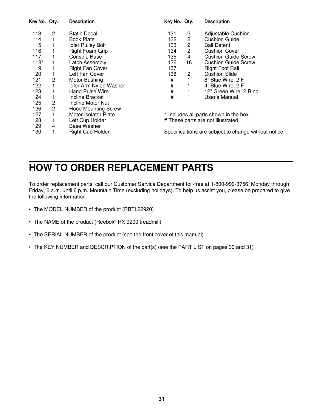 Reebok Fitness RBTL22920 manual HOW to Order Replacement Parts, Description Qty 