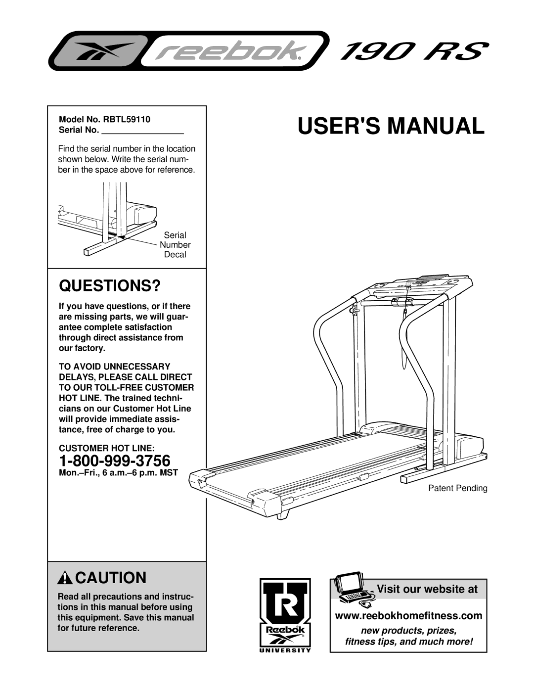 Reebok Fitness manual Model No. RBTL59110 Serial No, Customer HOT Line 