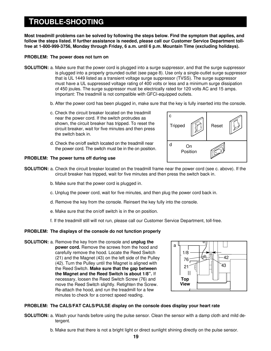 Reebok Fitness RBTL59110 manual Trouble-Shooting, Problem The power turns off during use, Top 