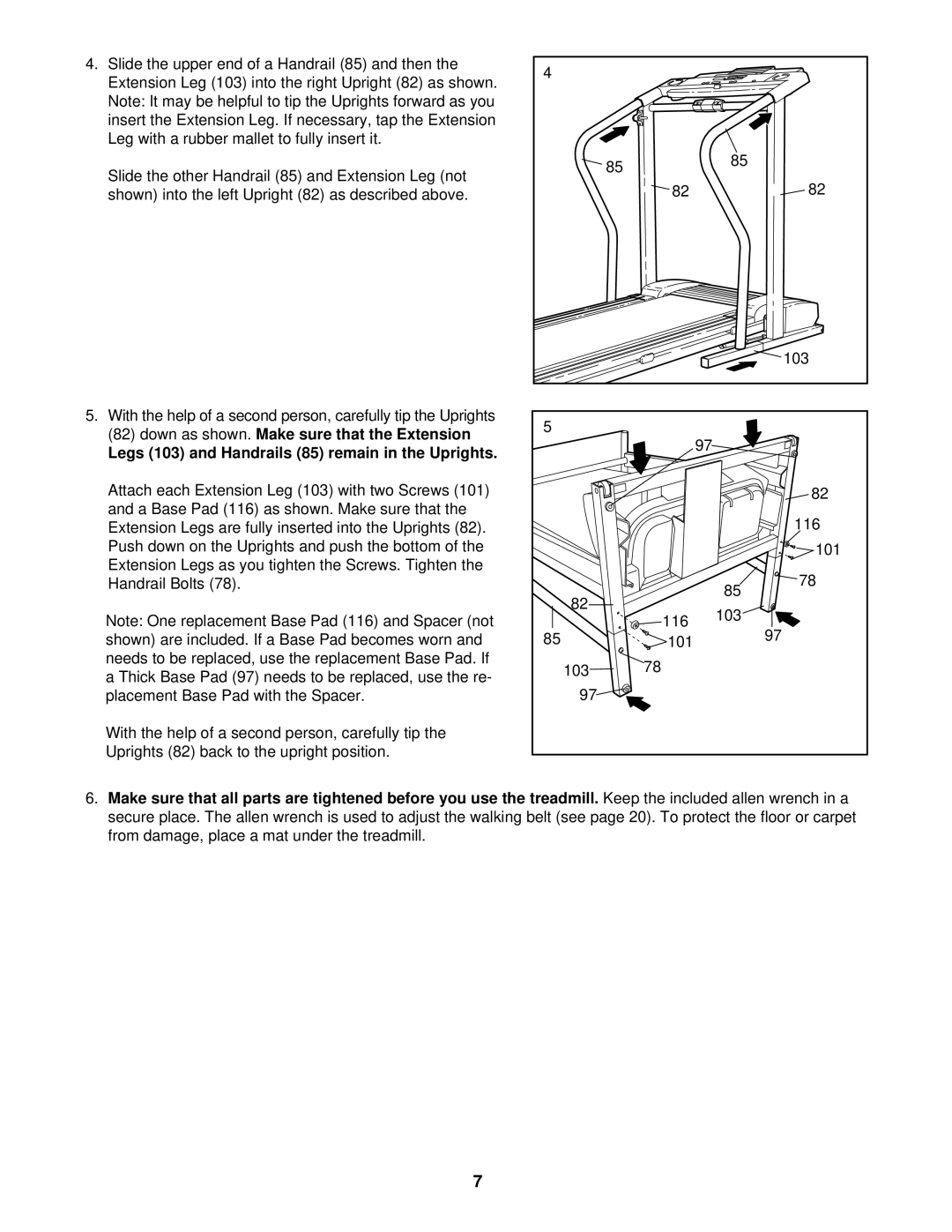 Reebok Fitness RBTL59110 manual Legs 103 and Handrails 85 remain in the Uprights 