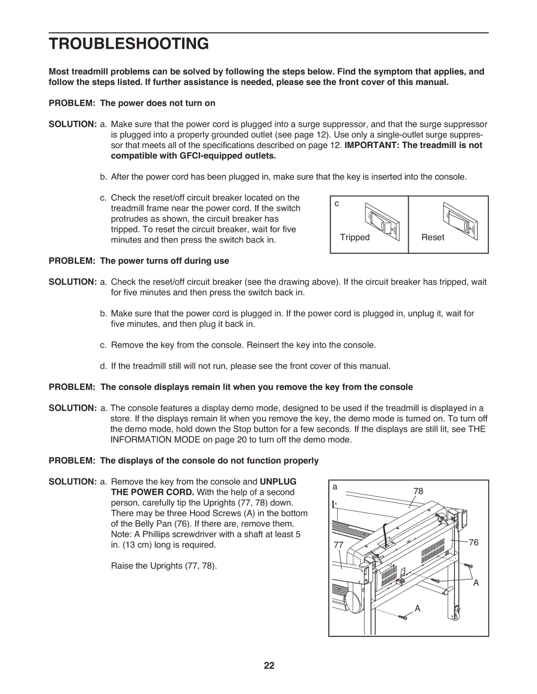 Reebok Fitness RBTL67708.1 Troubleshooting, Compatible with GFCI-equipped outlets, Problem The power turns off during use 