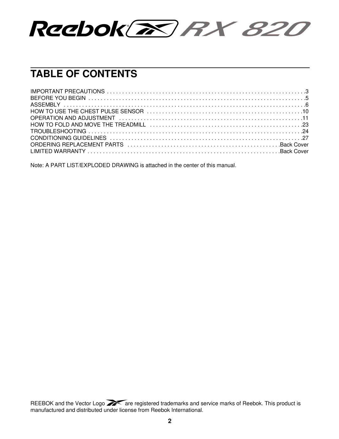 Reebok Fitness RBTL69920 manual Table of Contents 