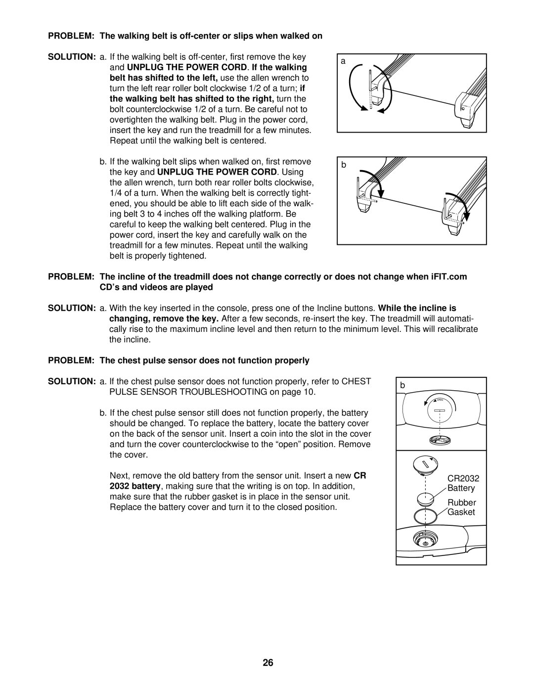 Reebok Fitness RBTL69920 manual Belt has shifted to the left, Changing, remove the key, Battery 