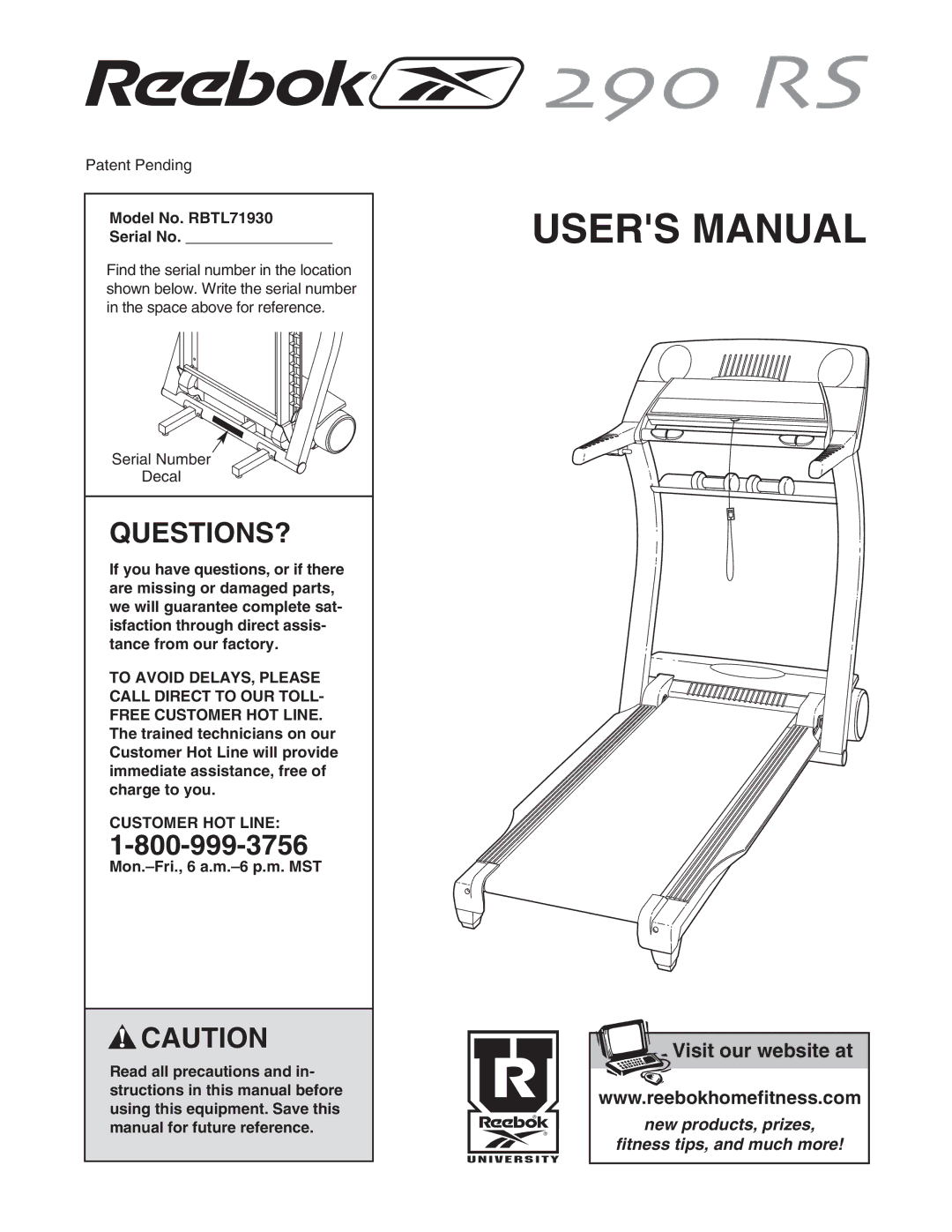 Reebok Fitness manual Questions?, Model No. RBTL71930 Serial No, Customer HOT Line 