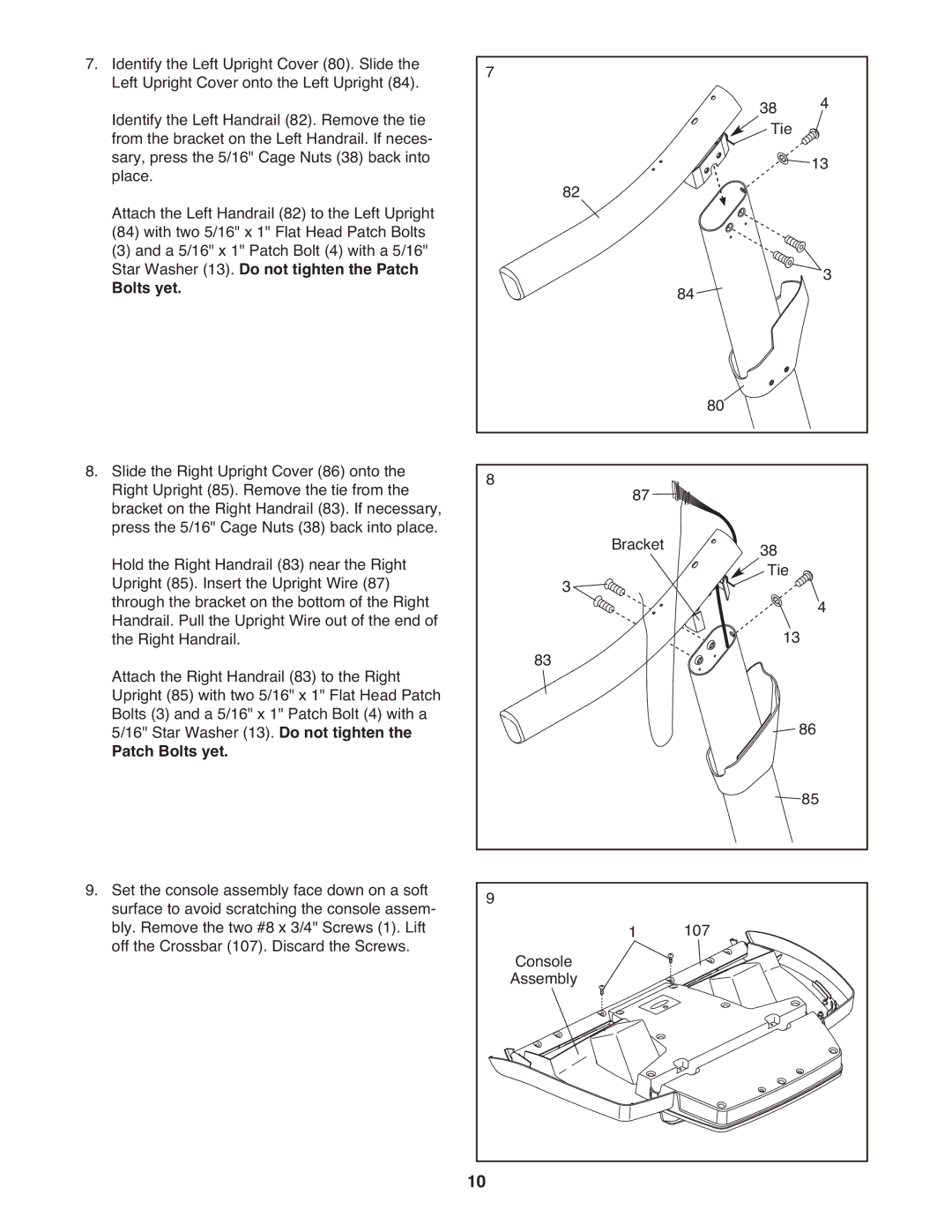 Reebok Fitness RBTL76009.0 manual Star Washer 13. Do not tighten the Patch Bolts yet 