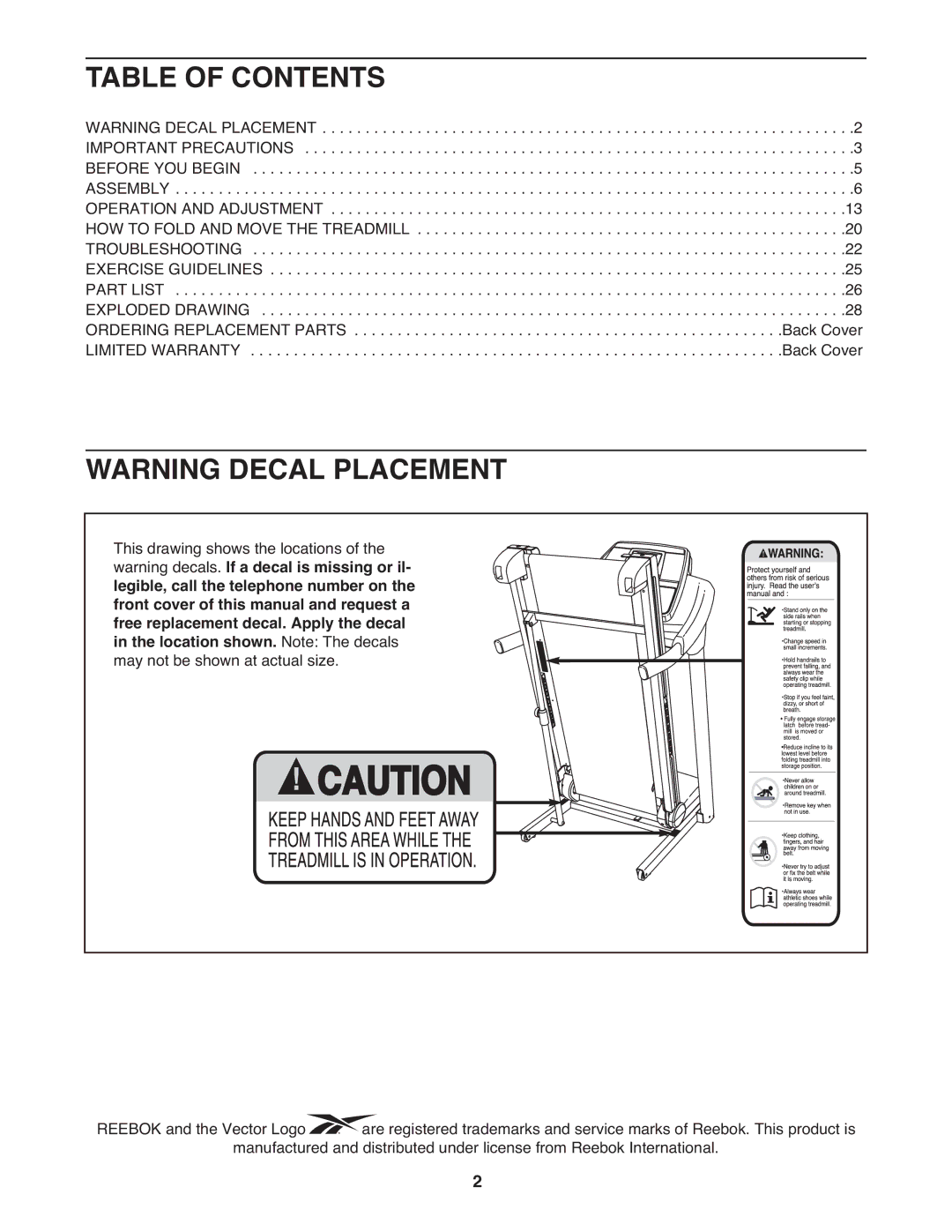 Reebok Fitness RBTL76009.0 manual Table of Contents 