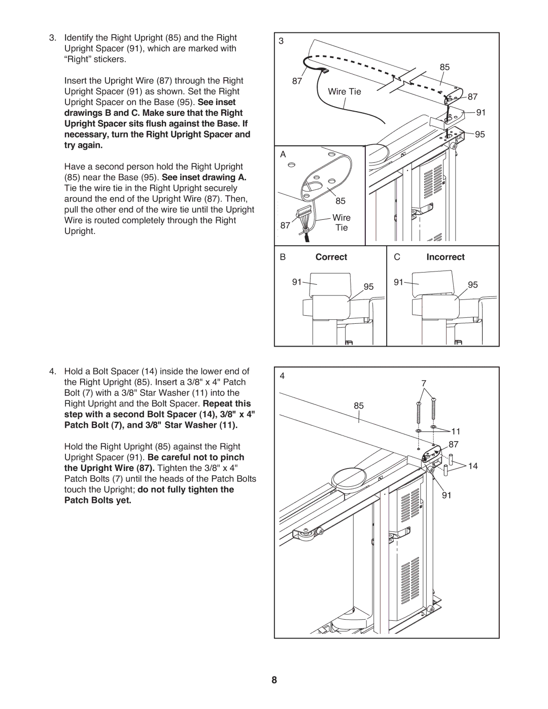 Reebok Fitness RBTL76009.0 manual Correct Incorrect, Touch the Upright do not fully tighten Patch Bolts yet 