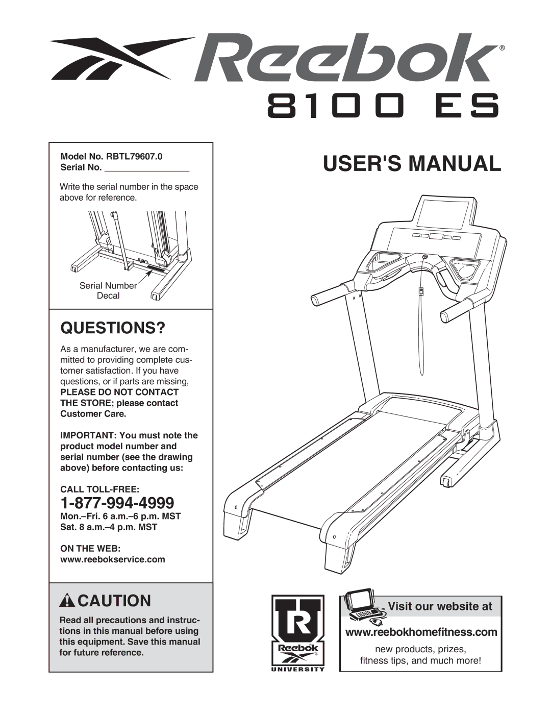 Reebok Fitness manual Questions?, Model No. RBTL79607.0 Serial No, Call TOLL-FREE, On the WEB 