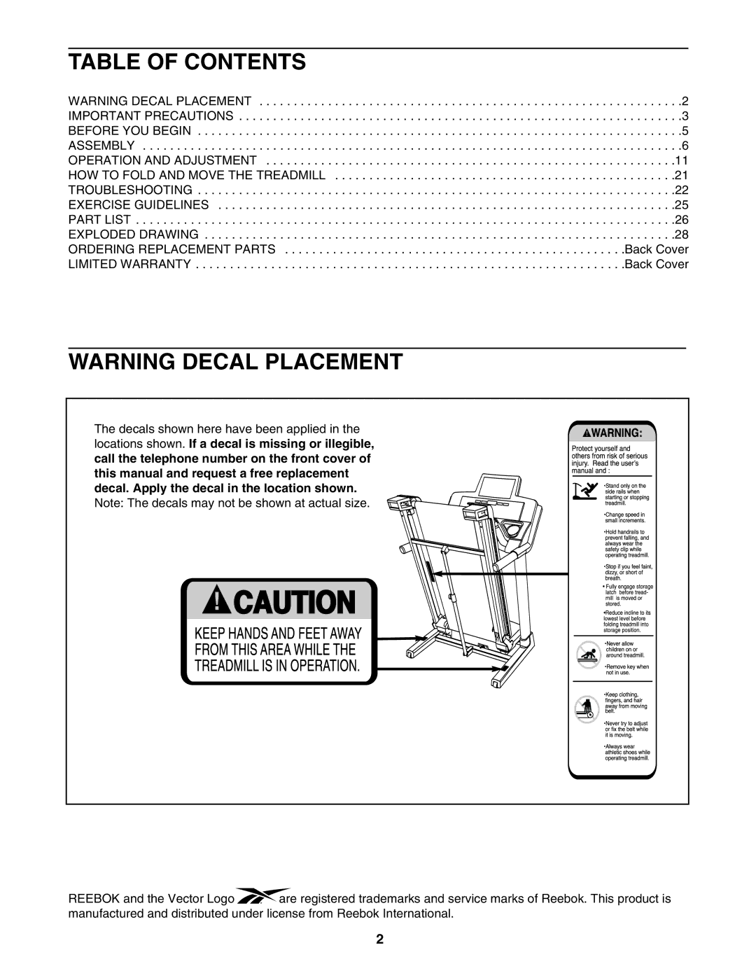 Reebok Fitness RBTL79607.0 manual Table of Contents 