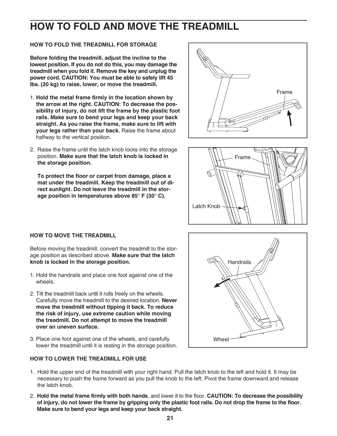 Reebok Fitness RBTL79607.0 manual HOW to Fold and Move the Treadmill, HOW to Fold the Treadmill for Storage 