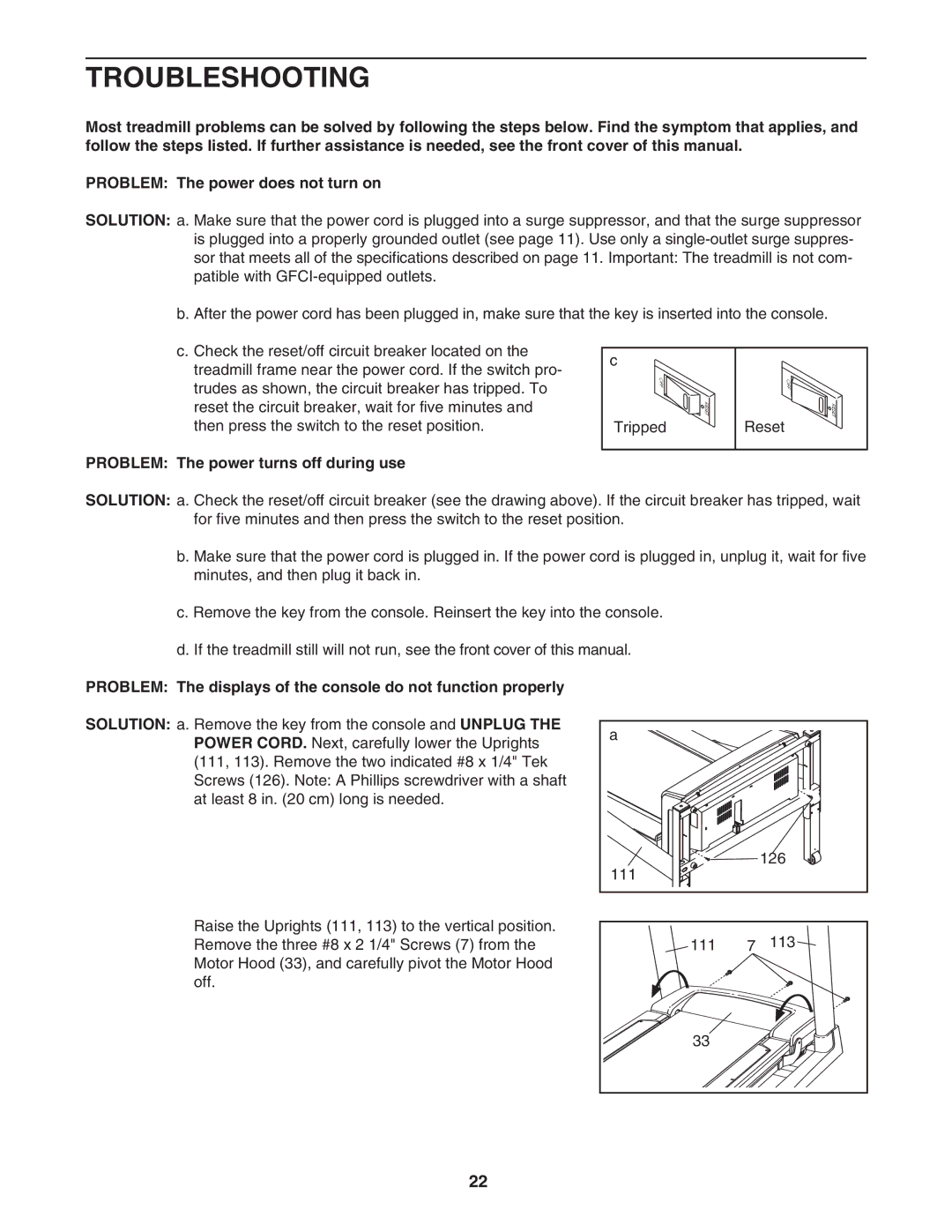 Reebok Fitness RBTL79607.0 manual Troubleshooting, Problem The power turns off during use 