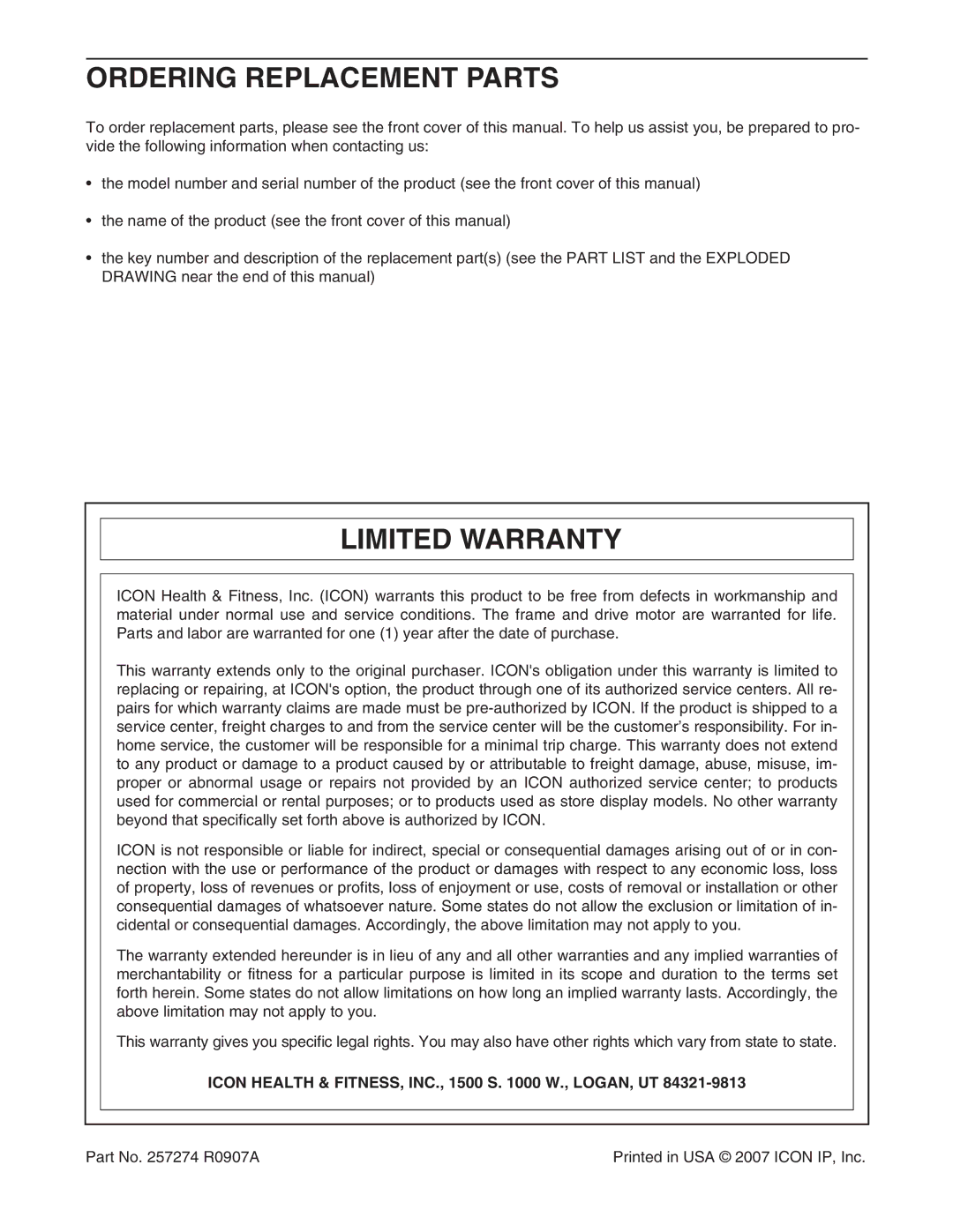 Reebok Fitness RBTL79607.0 Ordering Replacement Parts, Limited Warranty, Icon Health & FITNESS, INC., 1500 S W., LOGAN, UT 