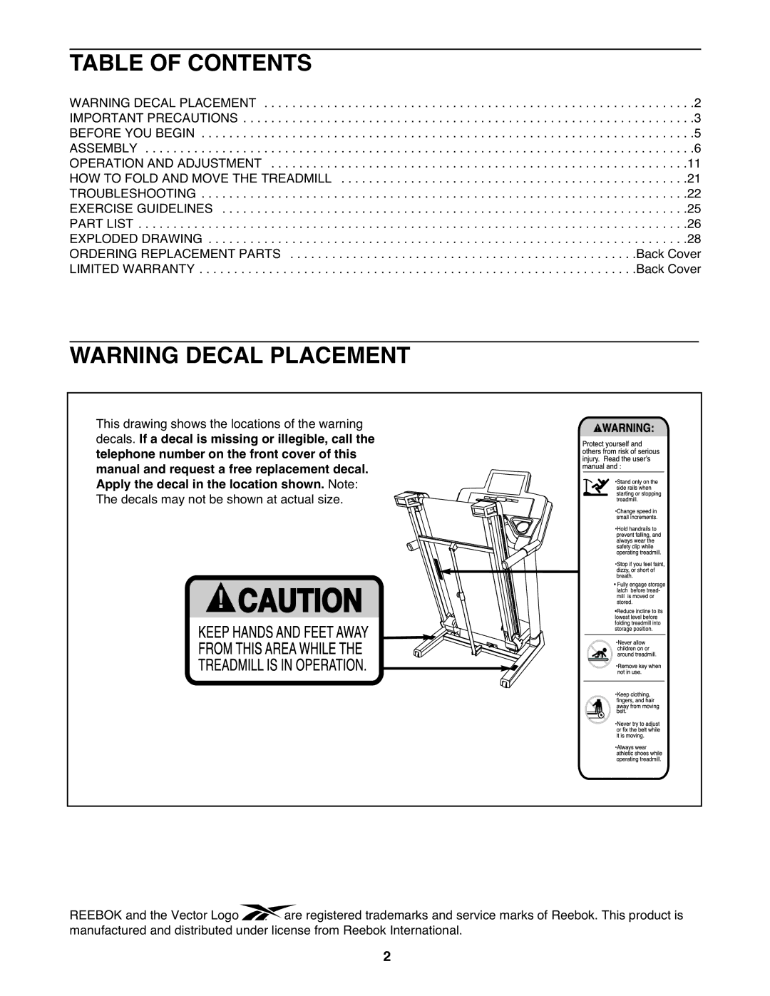 Reebok Fitness RBTL79607.1 manual Table of Contents 