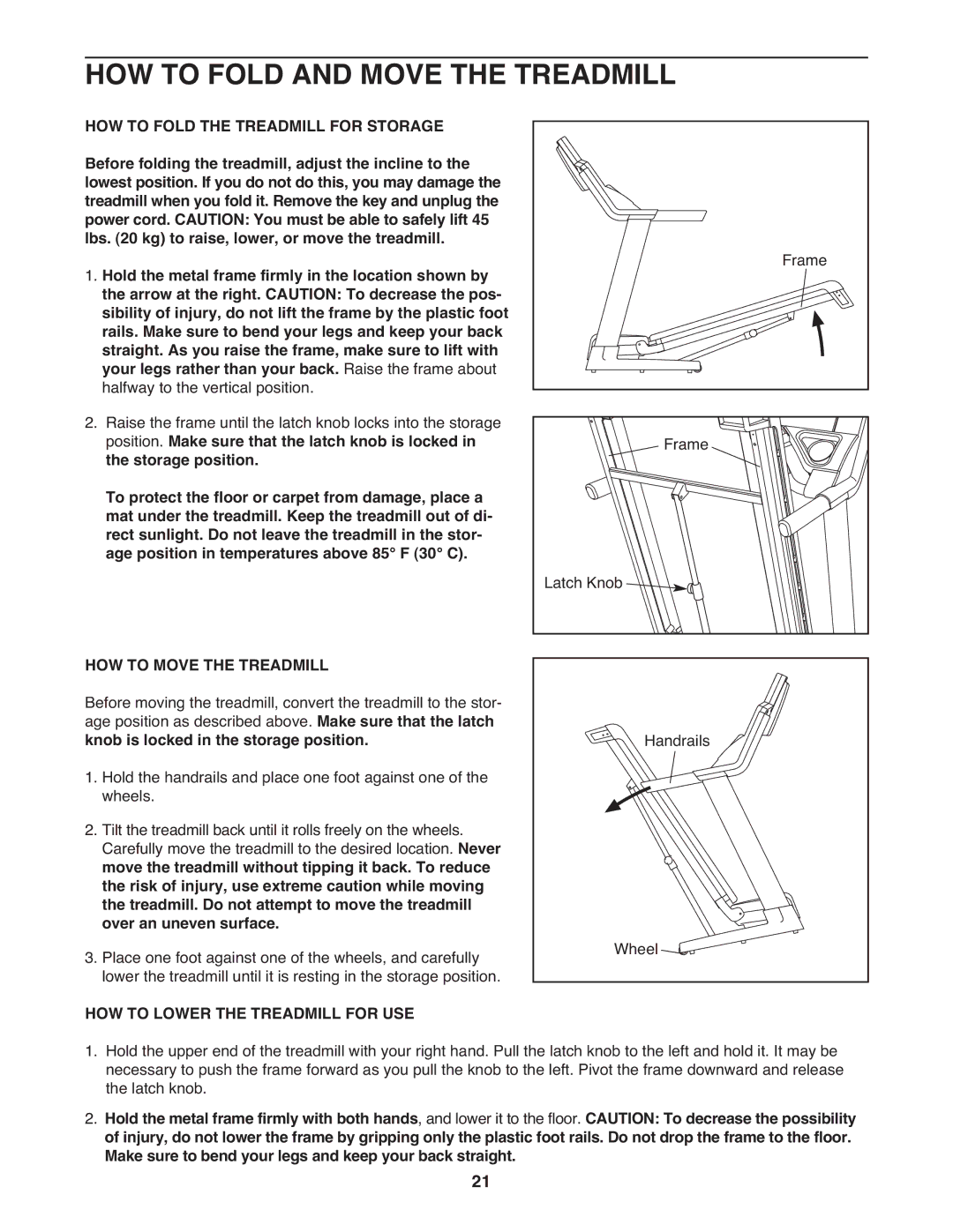 Reebok Fitness RBTL79607.1 manual HOW to Fold and Move the Treadmill, HOW to Fold the Treadmill for Storage 