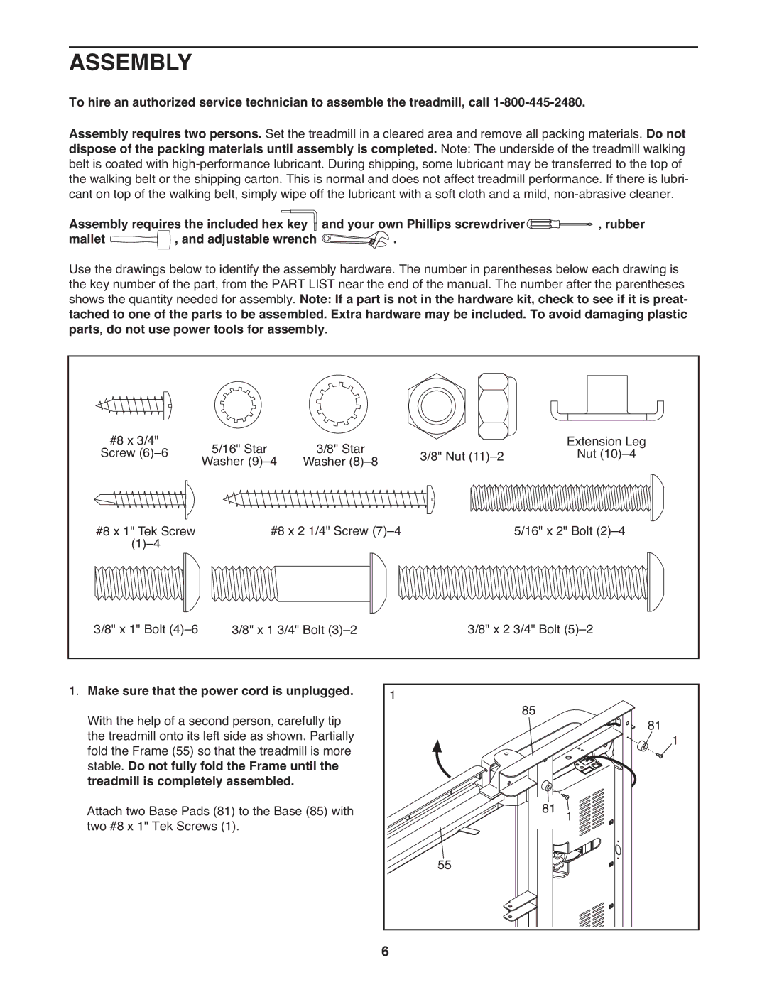 Reebok Fitness RBTL79607.1 manual Assembly, Make sure that the power cord is unplugged 