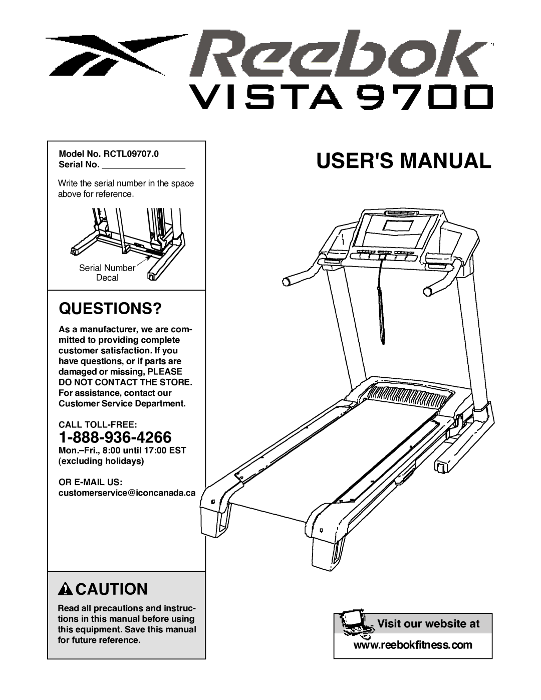 Reebok Fitness manual Questions?, Model No. RCTL09707.0 Serial No, Call TOLL-FREE 