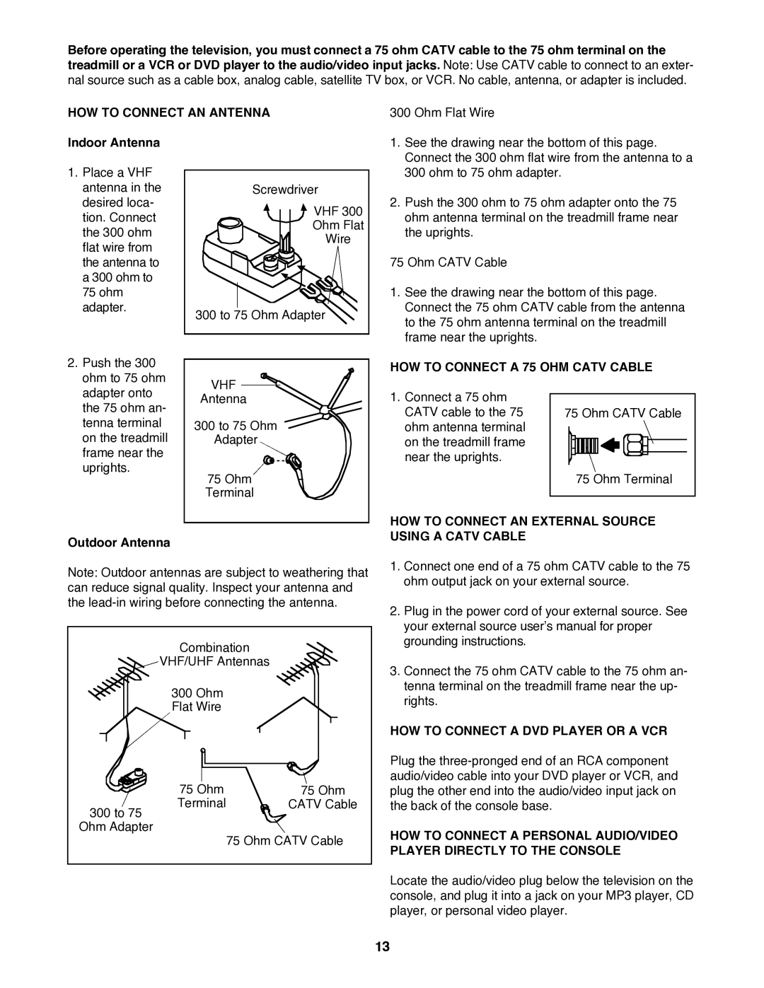 Reebok Fitness RCTL09707.0 manual HOW to Connect AN Antenna, HOW to Connect a 75 OHM Catv Cable 