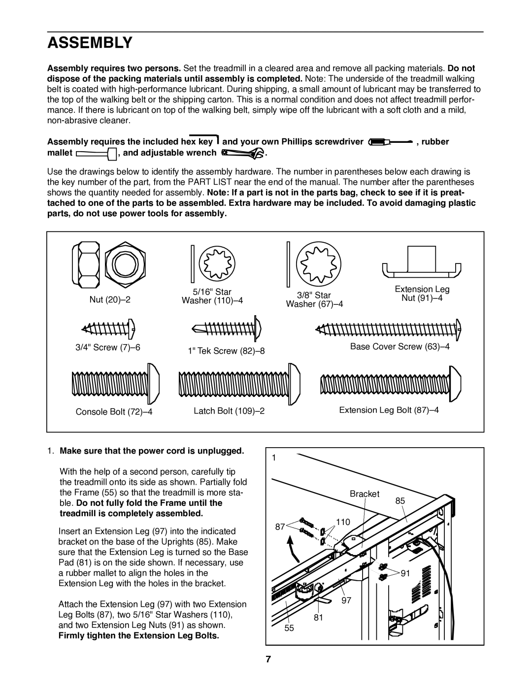 Reebok Fitness RCTL09707.0 Assembly, Make sure that the power cord is unplugged, Firmly tighten the Extension Leg Bolts 