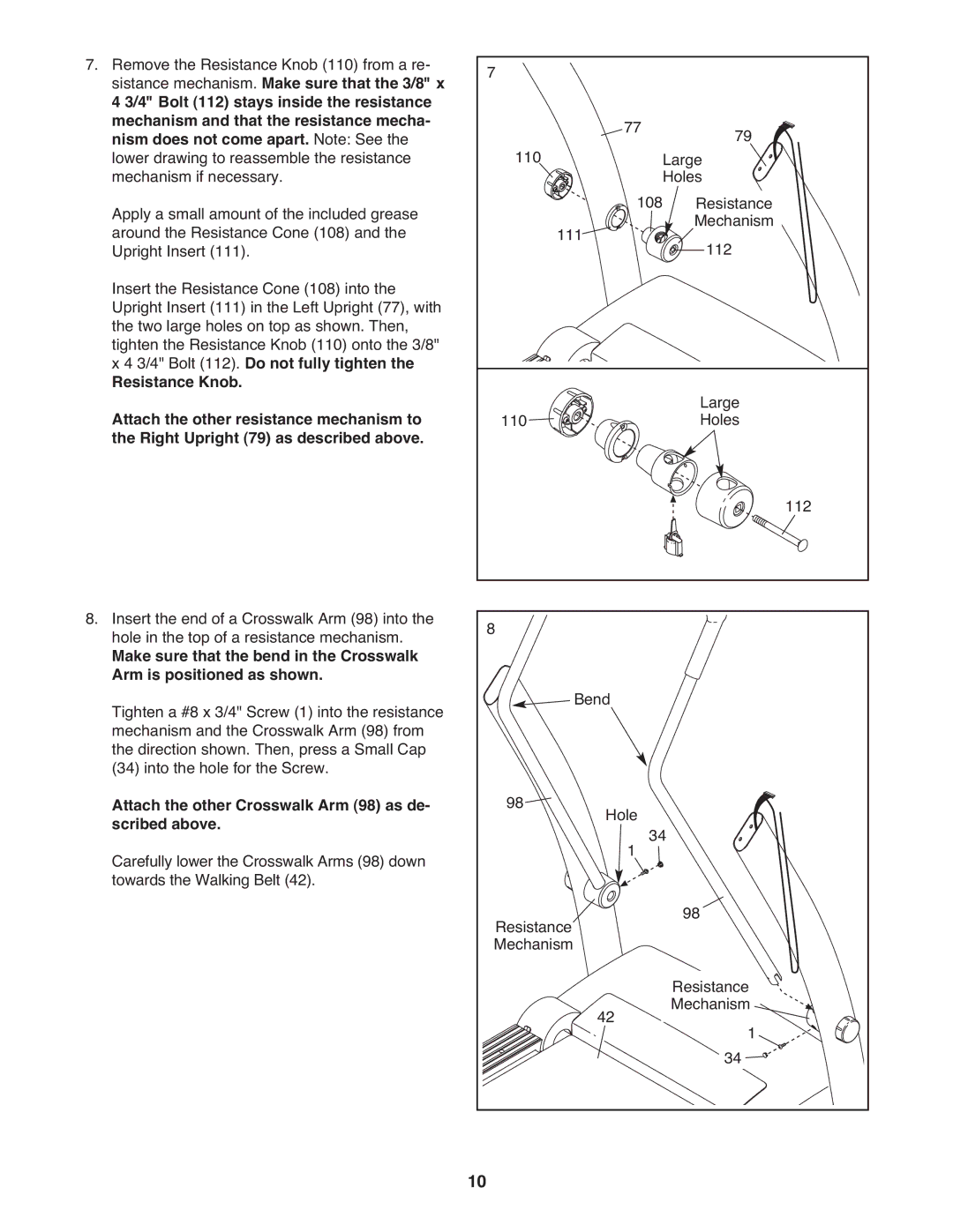 Reebok RBTL07809.0 manual 3/4 Bolt 112. Do not fully tighten Resistance Knob, Attach the other resistance mechanism to 