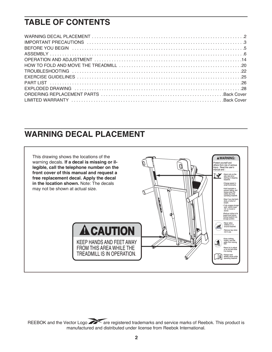 Reebok RBTL69810.0 manual Table of Contents 