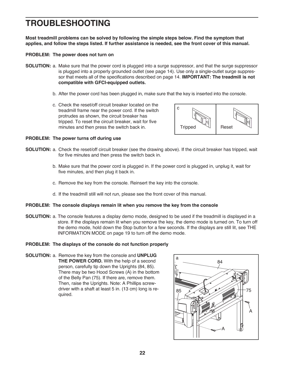 Reebok RBTL69810.0 manual Troubleshooting, Compatible with GFCI-equipped outlets, Problem The power turns off during use 