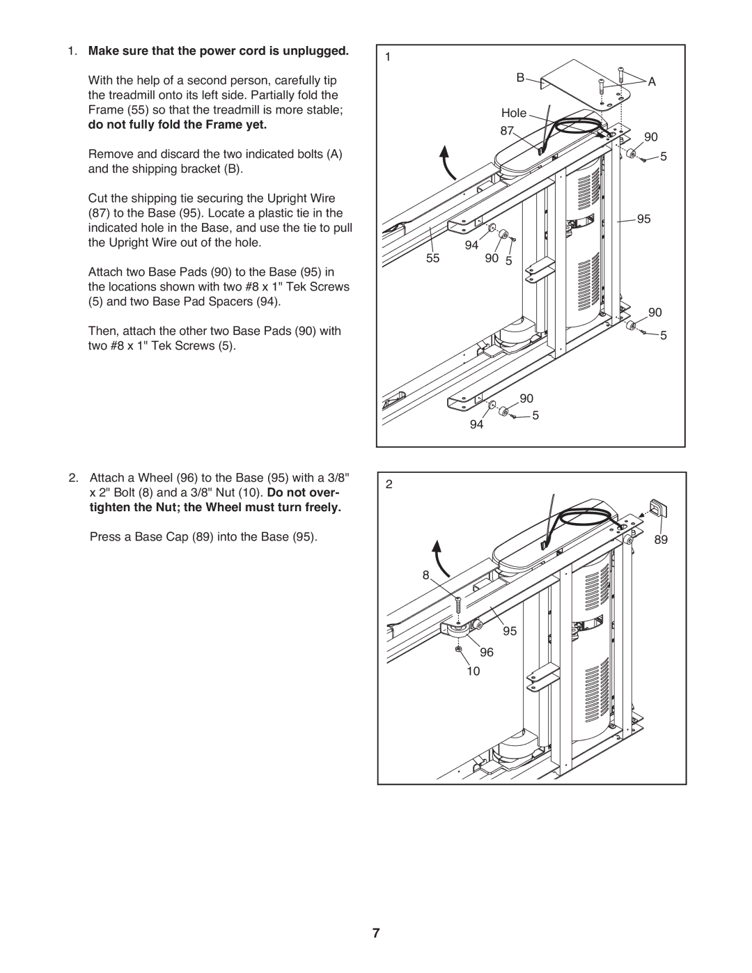 Reebok RBTL69810.0 manual Make sure that the power cord is unplugged, Do not fully fold the Frame yet 