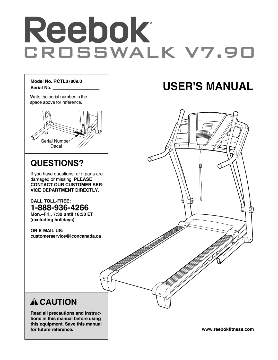 Reebok RCTL07809.0 manual Questions?, Contact OUR Customer SER Vice Department Directly 